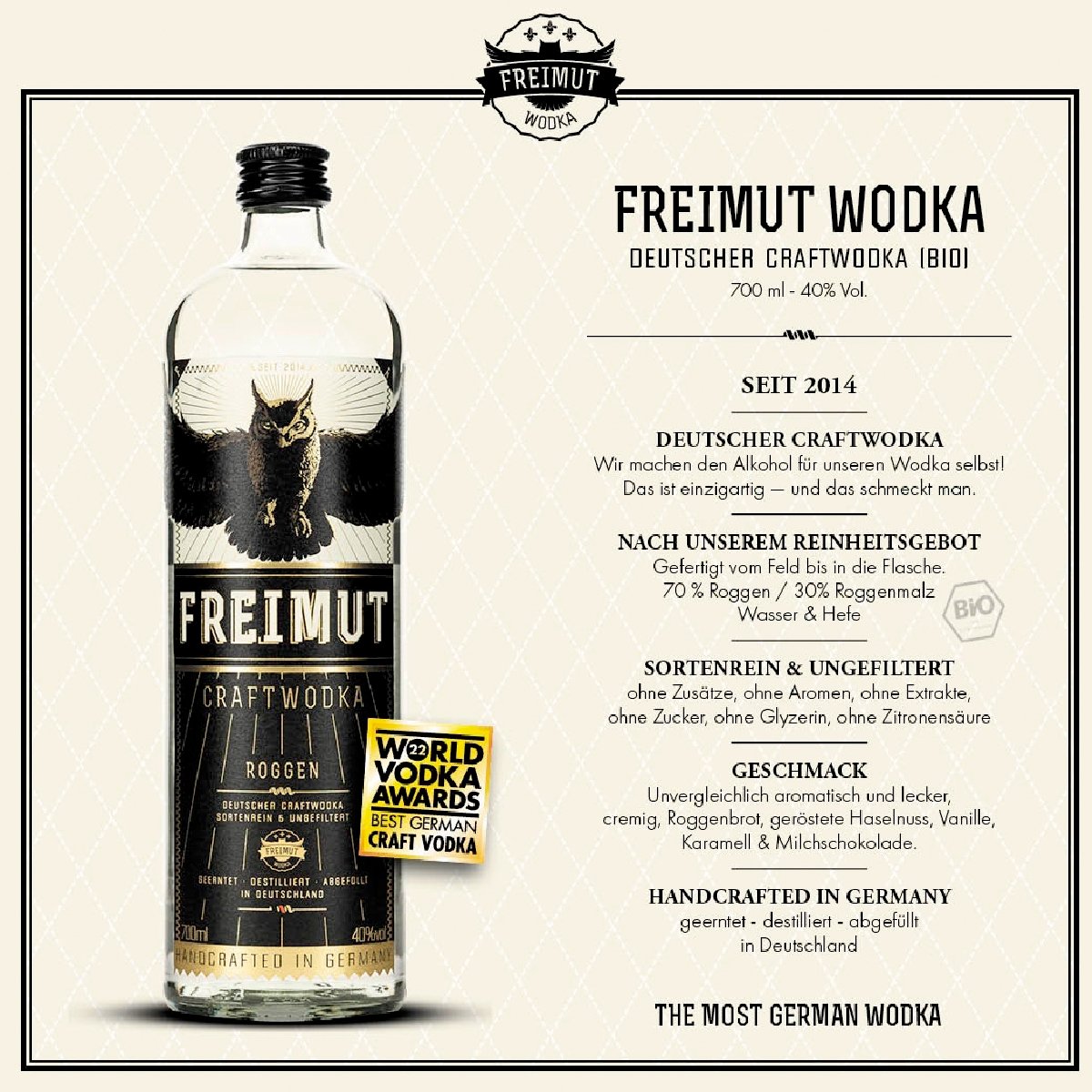 FREIMUT Wodka - Deutscher Craftwodka (Bio) 40% Vol. - Goldmädchen-Shop