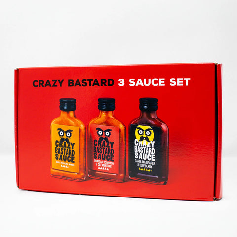 Crazy Bastard - “Schärfste” Box – Für echte Chili-Fans: Frucht trifft Maximum - Drei Saucen, die geschmacklich fruchtig starten – und dann kräftig nachlegen.