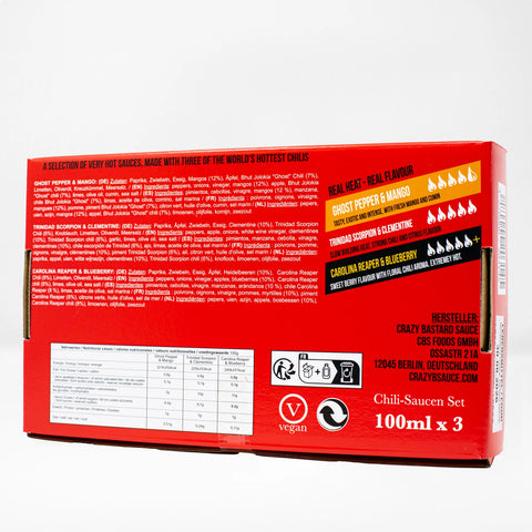 Crazy Bastard - “Schärfste” Box – Für echte Chili-Fans: Frucht trifft Maximum - Drei Saucen, die geschmacklich fruchtig starten – und dann kräftig nachlegen.