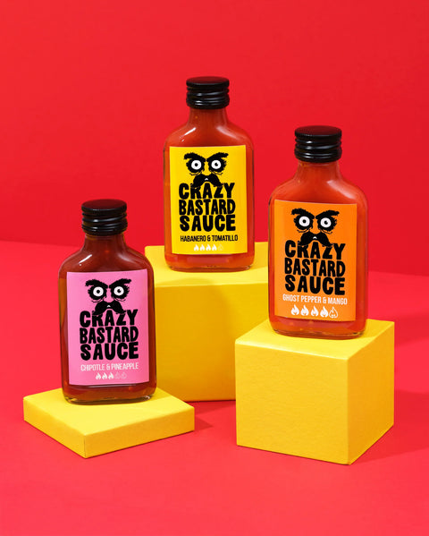 Crazy Bastard - Bestseller-Box – 3er Set (Chipotle & Ananas, Habanero & Tomatillo, Ghost Pepper & Mango),