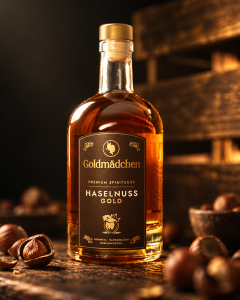Goldmädchen Haselnuss Gold | Premium Haselnuss Schnaps mit Karamell & Schokolade Noten | Aus besten Kerassunder Haselnüssen | 35% Vol.