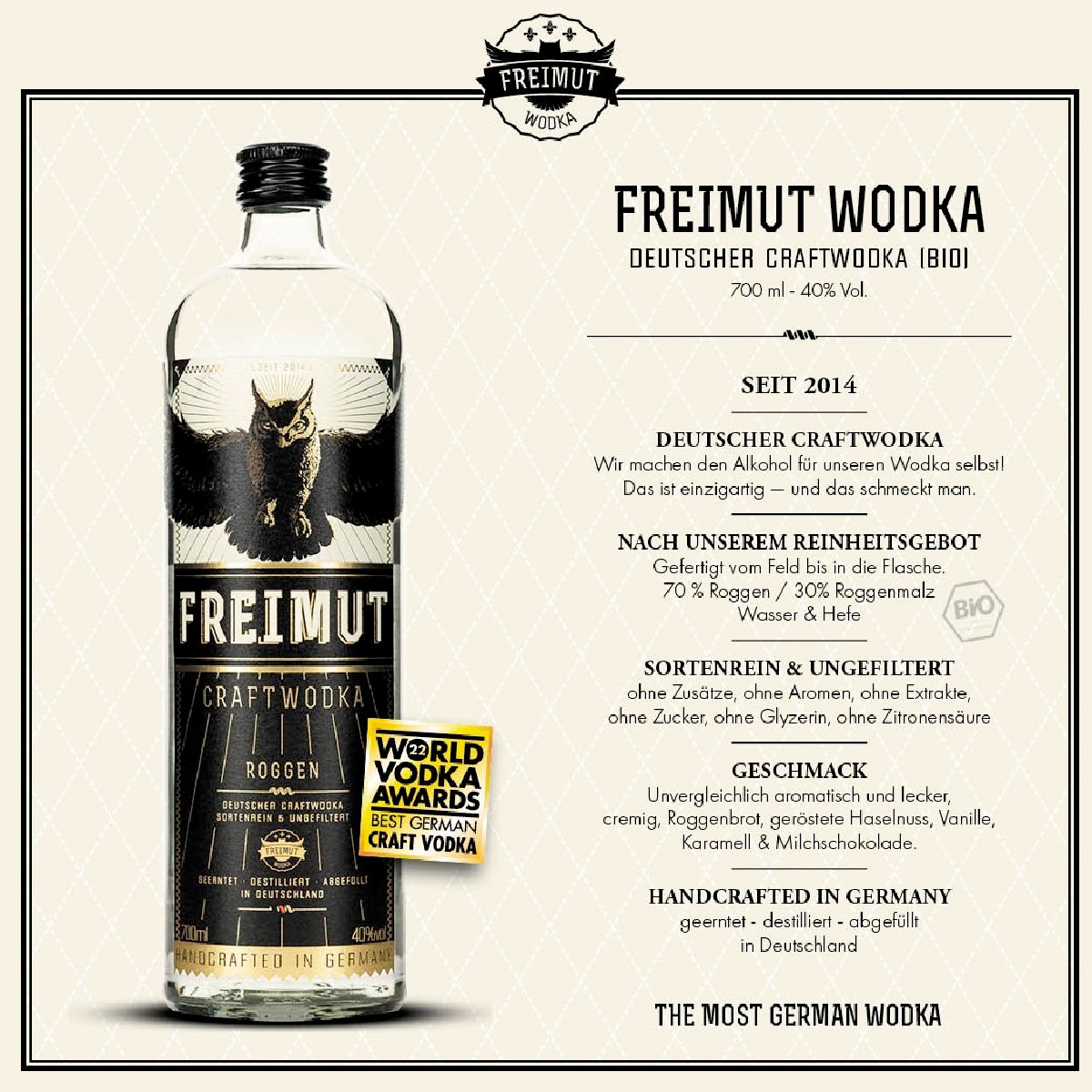 FREIMUT Wodka - Deutscher Craftwodka (Bio) 40% Vol. - Goldmädchen-Shop